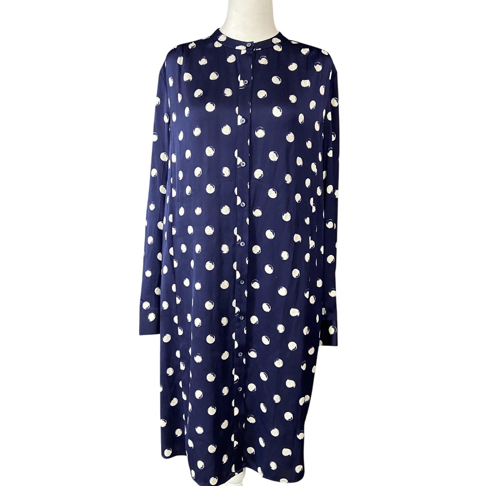 Nordstrom Collection Shirt Dress Womens M Blue Polka Dot Silk Long Sleeve Shift